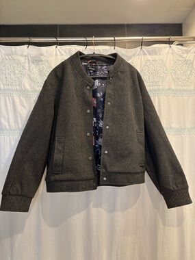 Well Worn Charcoal Gray Bomber Jacket with Blue Floral Lining